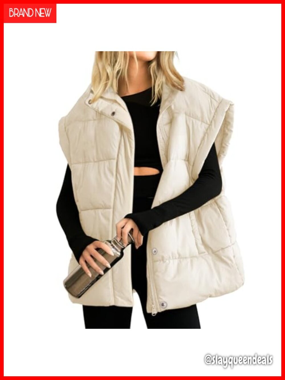 Oversized Quilted Puffer Vest Full Zip Stand Collar Sleeveless Warm Coat